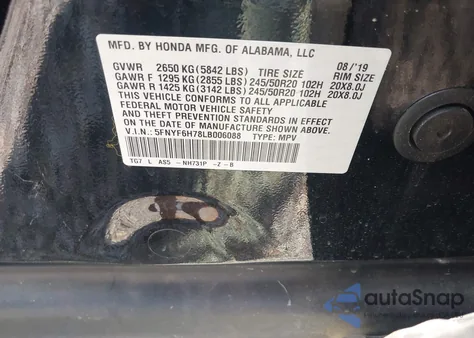 2020 Honda Pilot Awd Black Edition из США, поврежденный, VIN 5FNYF6H78LB006088